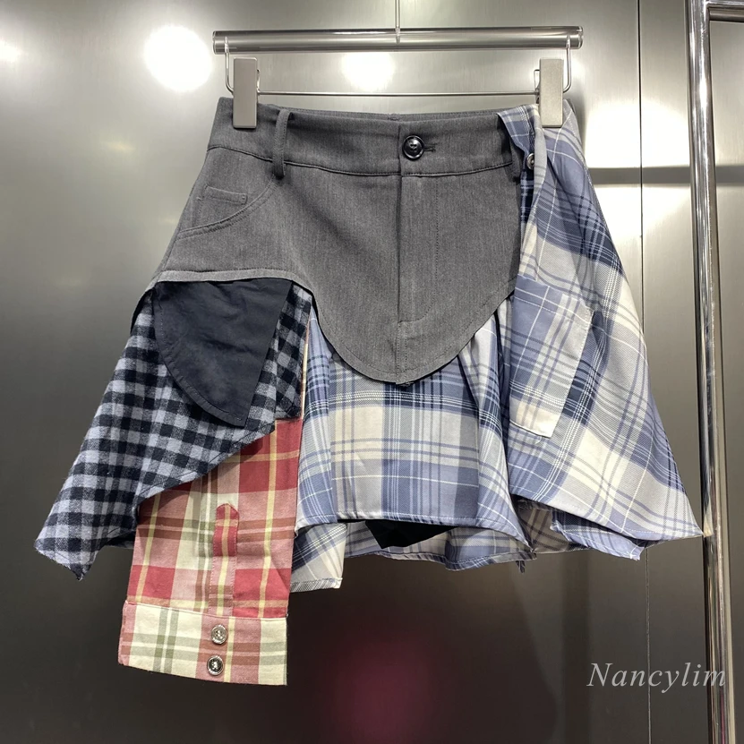 

Niche Fashion Design High Waist Asymmetric Plaid Stitching Gray Suit Skirt Women's Summer Wear A- Line Patchwork Skirts Street