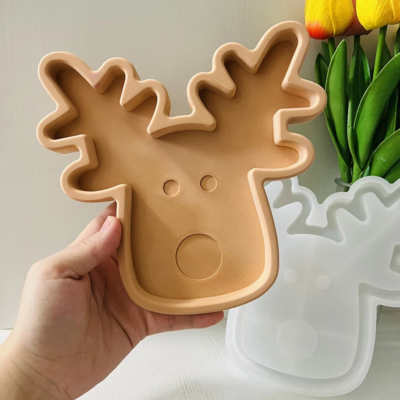 Christmas Elk Tray Silicone Mold Cute Deer Head Nut Storage Tray Cement Mold Home Decoration DIY Terrazzo Plate Clay Mold