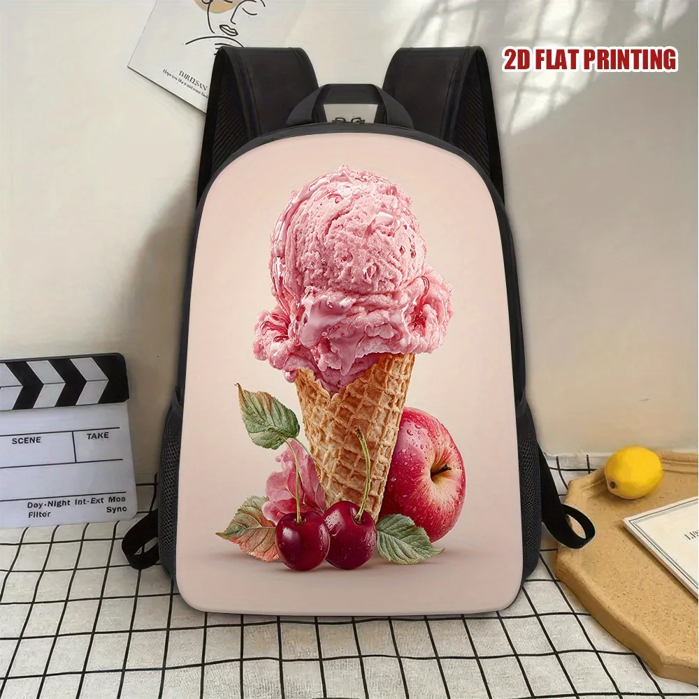 

1 Fruit Ice Cream 2D Flat Print Backpack - Lightweight Durable Polyester School Bag, Adjustable Removable Strap, Zipper Closure