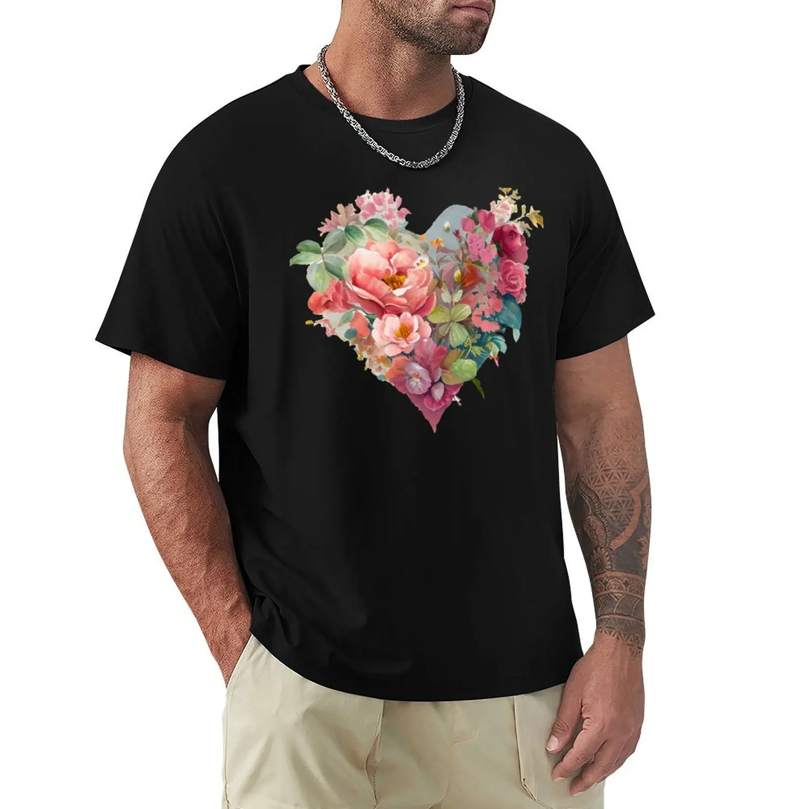 

Romantic Floral Heart T-Shirt Tough Fabric Work Tee