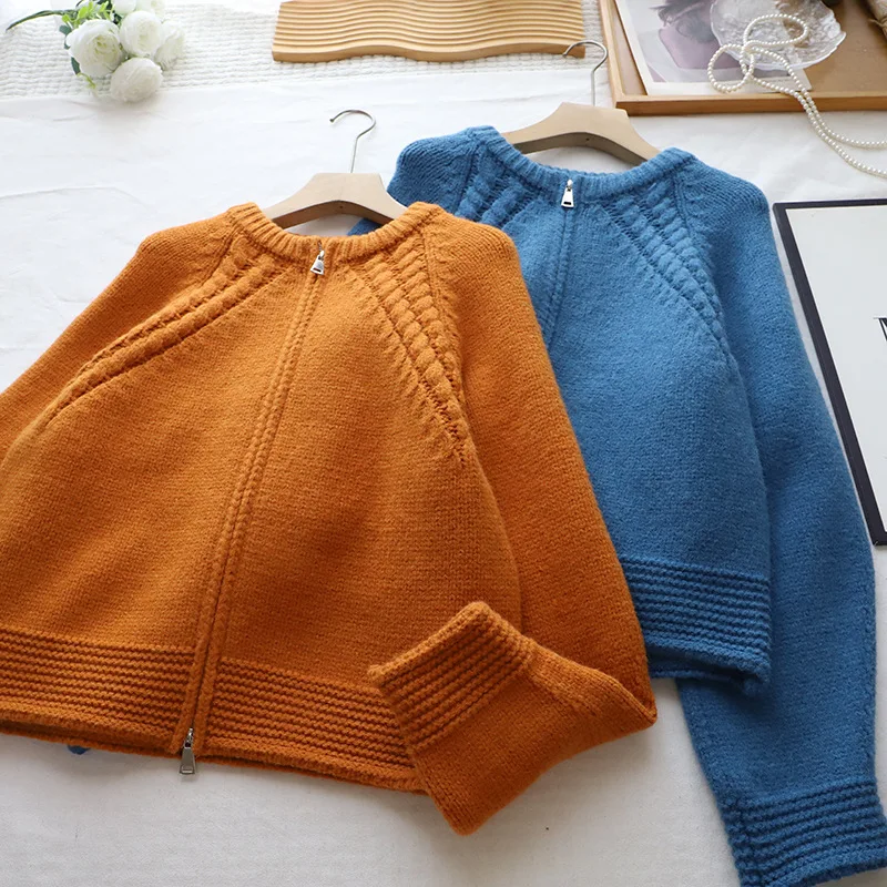 

Premium Pumpkin Orange Double Zipper Knitted Sweater Jaet Women's Loose Fit Autumn Winter New Sle Knitwear Cardigan
