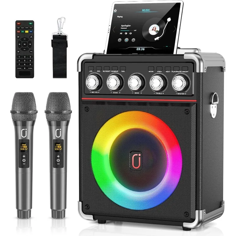 Karaoke Machine with 2 Microphones: HWWR Portable Karaoke Machine for Adults Kids, Bluetooth Karaoke Speaker with Bass