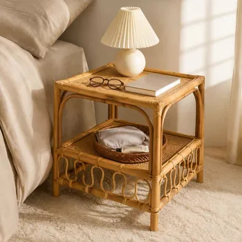50cm Rattan Side Table with 2-Tier Storage Shelf 2