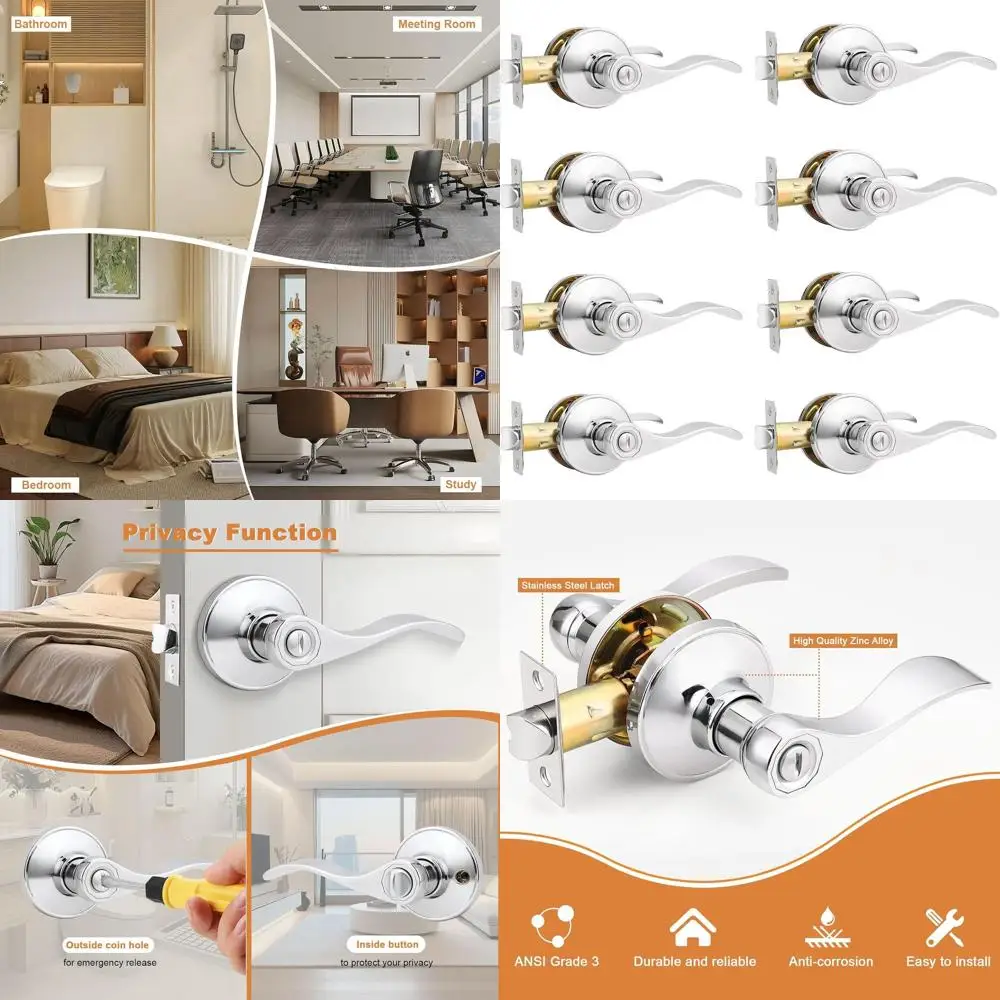 

Набор из 8 волновых полированных хромированных дверных рычагов для внутреннего использования с замком без ключа для спален и ванных комнат