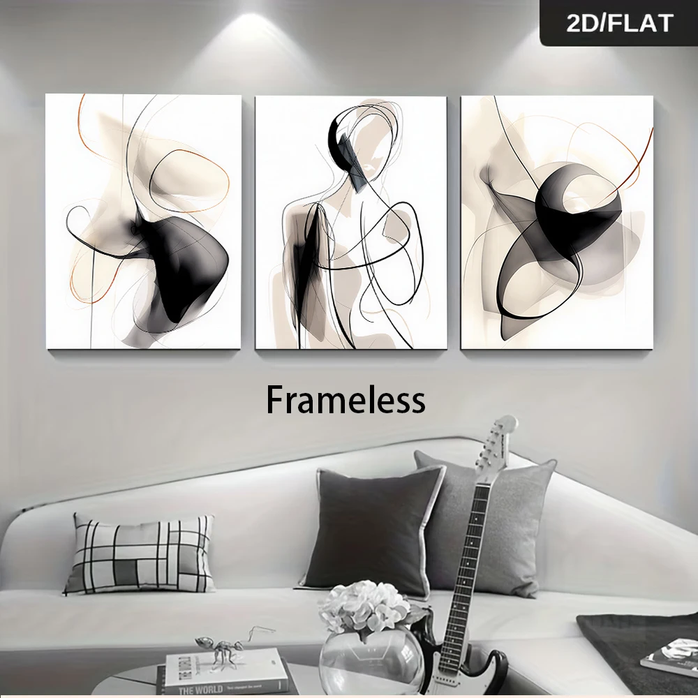 1 set of modern three-panel frameless decorative paintings, black and white line drawing of abstract figures, 2D flat design.