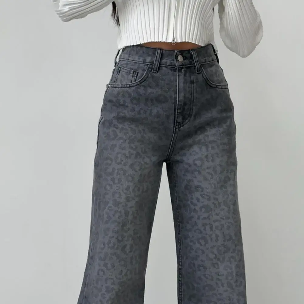 Women Leopard Print Jeans High Waist Button Zipper Fly Wide Leg Long Trousers Loose Fit Long Pants Baggy Jeans Pantalones