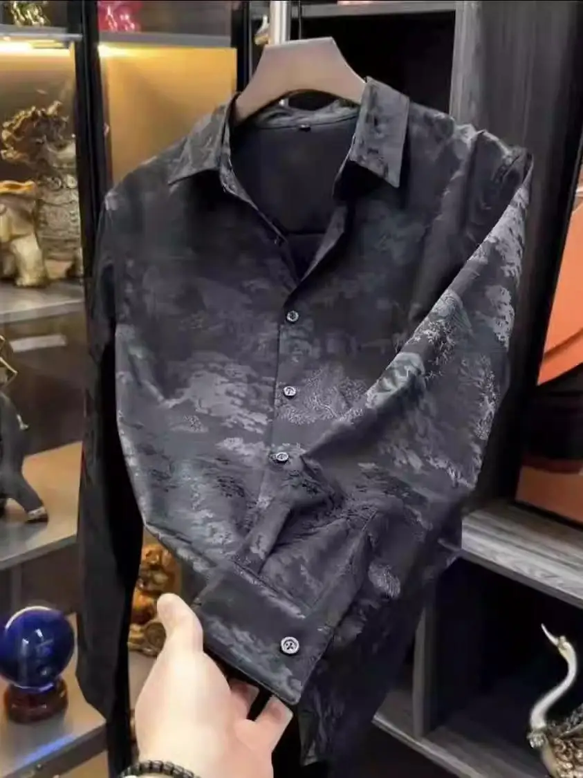 

Casual Black Long Sleeve Men's Shirt Fashionable Trendy Versatile Polyester Fiber Breathable Thin Style Youth Popular Spring ...