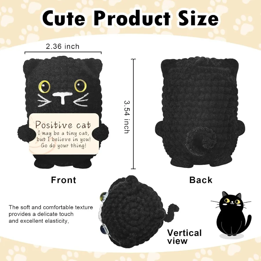 Positive Crochet Cat Mini Animal Emotional Cheer Up Support Gifts Funny Crochet Black Mini Handmade Cat for Women Men Friends M