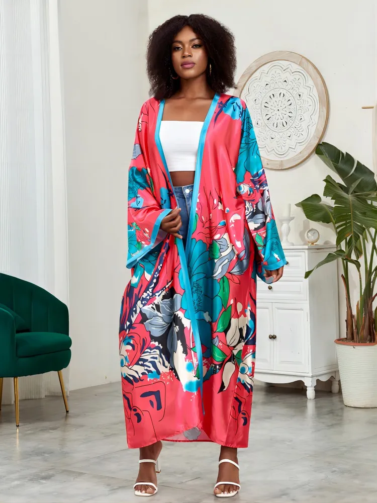 Plus Size Boho Kimono, damskie Plus nadruk lotosu kontrastowe wiązanie z długim rękawem z odkrytym przodem Kimono