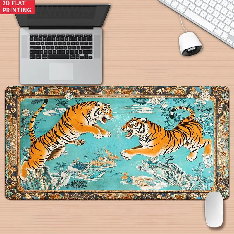 VIKAMA Vintage Double Tiger XXL Desk Mat Oriental Landscape Print Soft Non Slip Waterproof Gaming Mouse Pad Desktop Decor