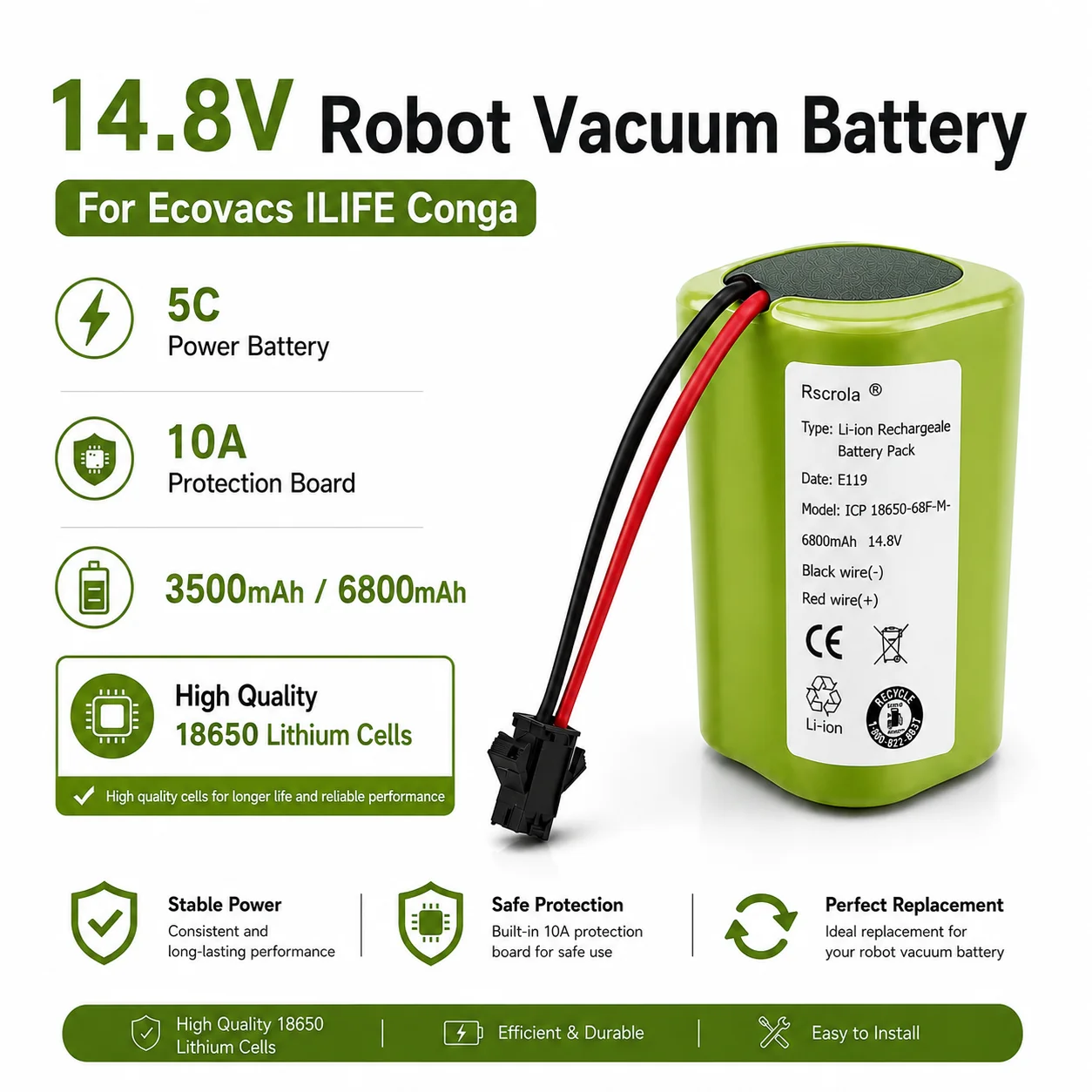 

14.8V 3500mAh/6800mAh 18650 Li-ion Battery for Conga 990 1090 Tesvor X500 Ecovacs Deebot N79 N79S DN622 Eufy RoboVac 11 11S 30