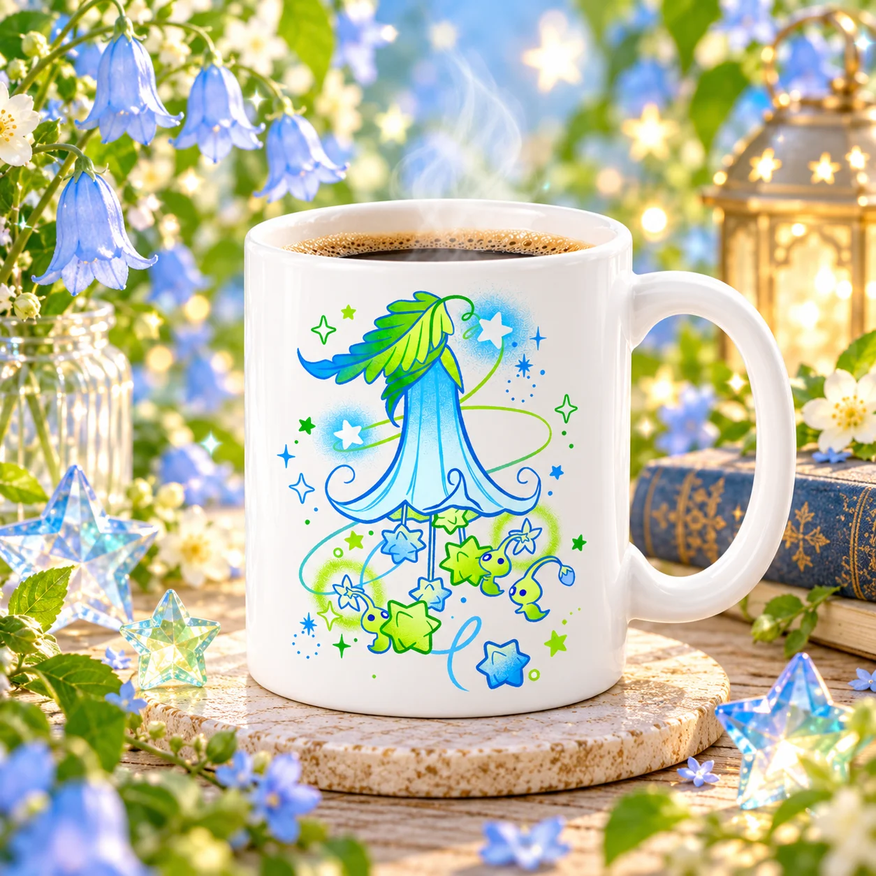 Sublimation Ceramic Coffee Mug, Magical Blue Bellflower with Stars & Cute Sprite Graphic Cup, Fantasy Floral Art Tea Mug, Gift