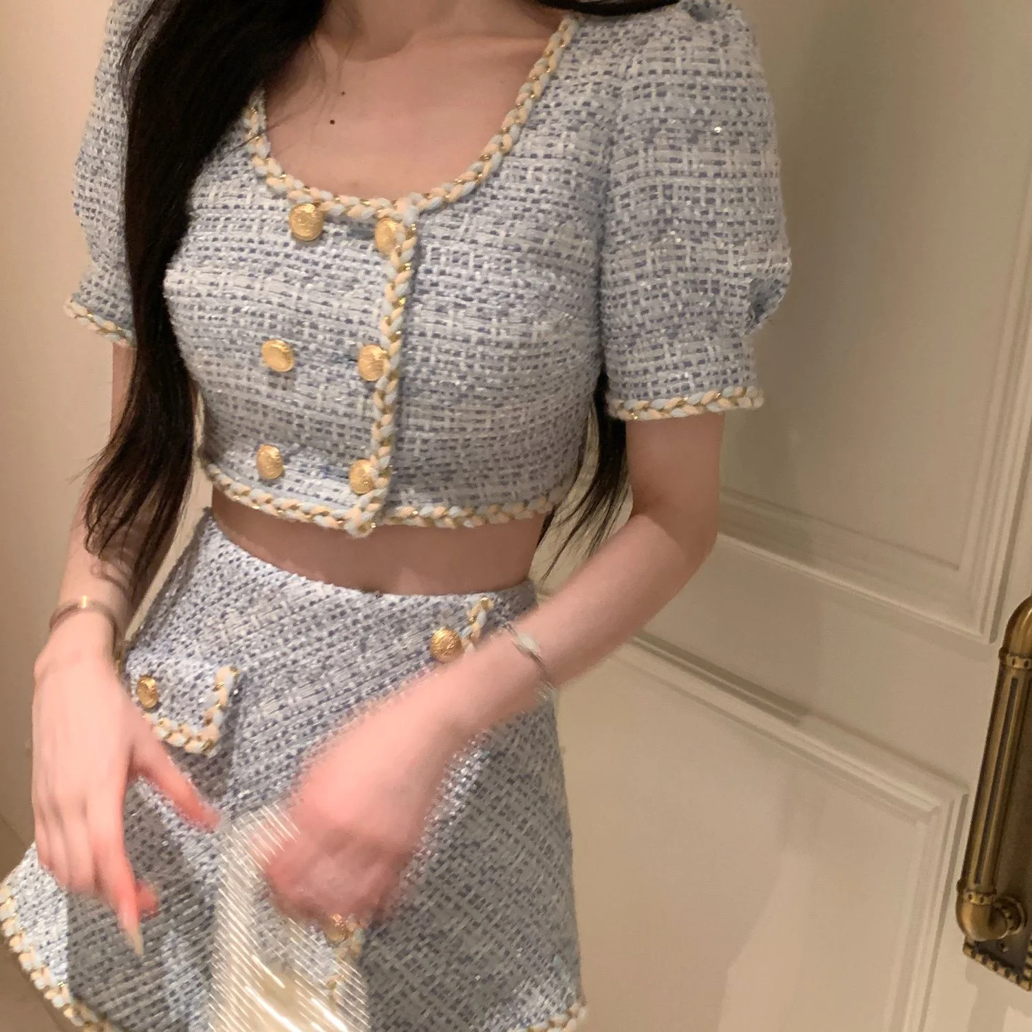 Sets Puff Sleeve Double Breasted Crop Top Elegant Chic Vintage Tweed Women + Asymmetrical Mini Skirt Two Piece Suit