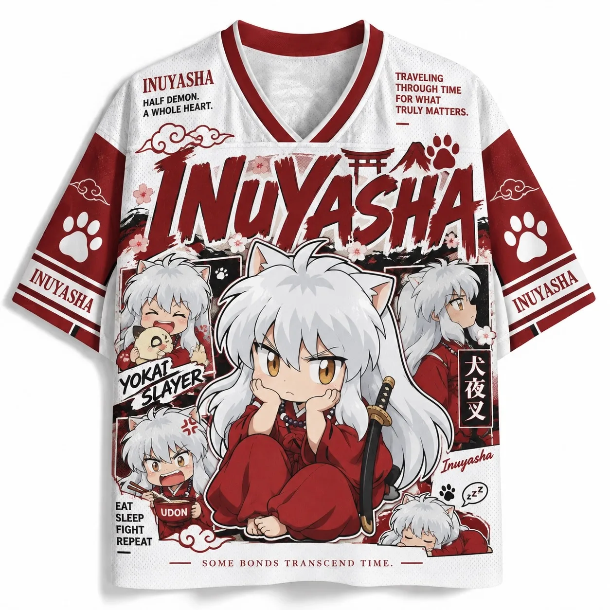 New Anime Cartoon Q-Version Inuyasha Double sided Printed V-neck Street Large Loose Quick drying Sportswear Style Family T-shirt