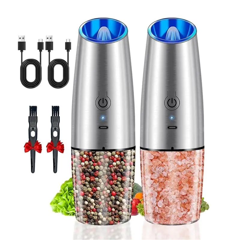 LLCS-2PCS Electric Salt And Pepper Grinder Set USB Rechargeable Pepper Mills With LED Light Automatic Spice Grinders Stainless S