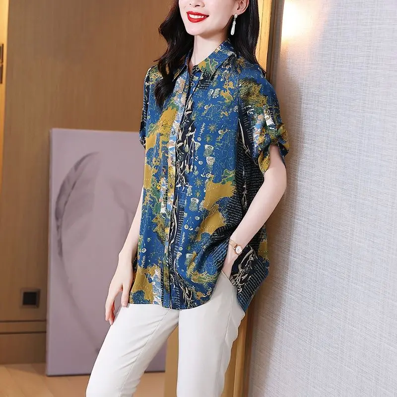 

Vintage Printed Lapel Button Loose Chiffon Shirt Women's Clothing 2024 Summer New Casual Tops Elegant Commute Blouse