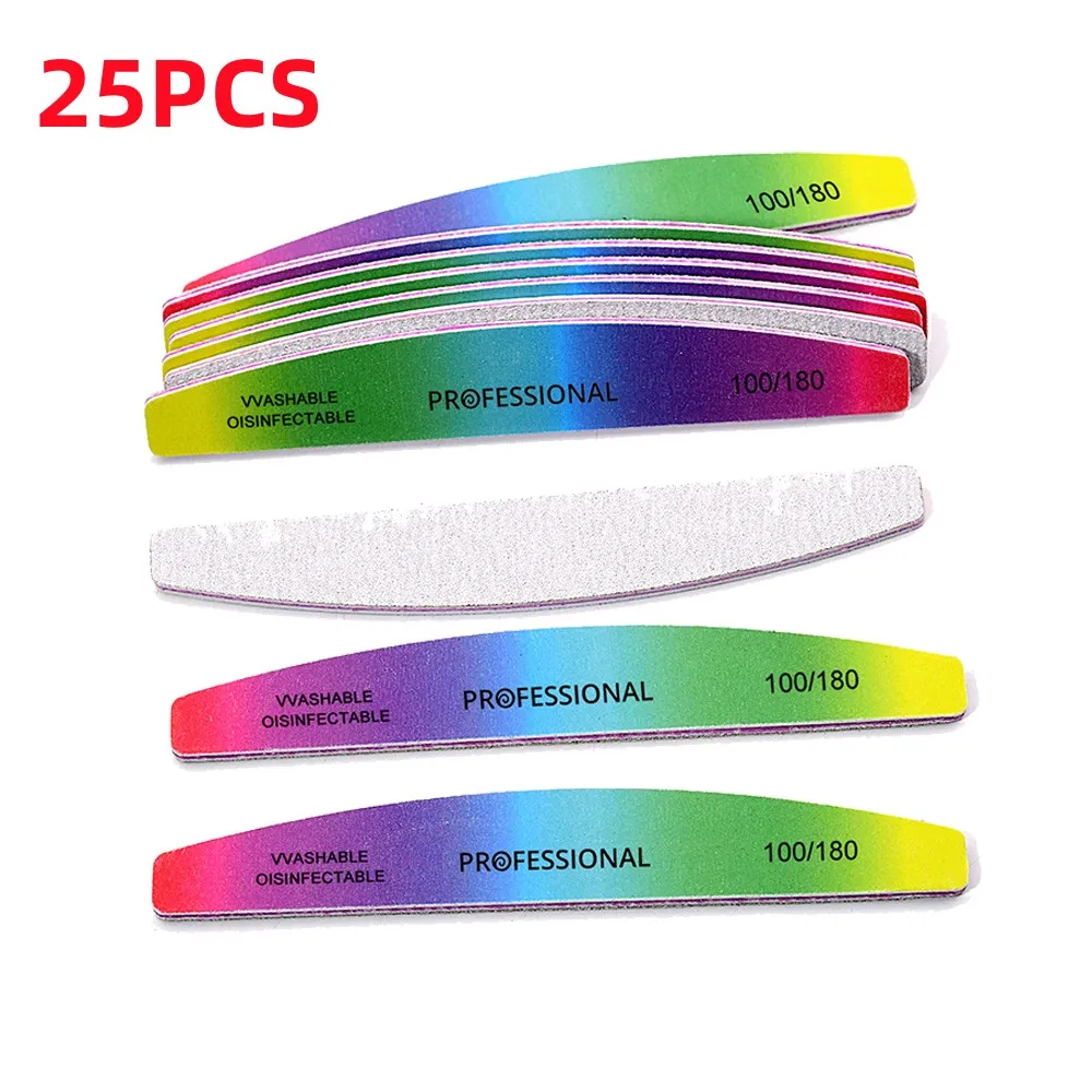 25PCS Colored Nail File,100/180 Grit Half-Moon Shaped Double-Sided Polishing Strip With Teeth, Washable And Durable Nail File