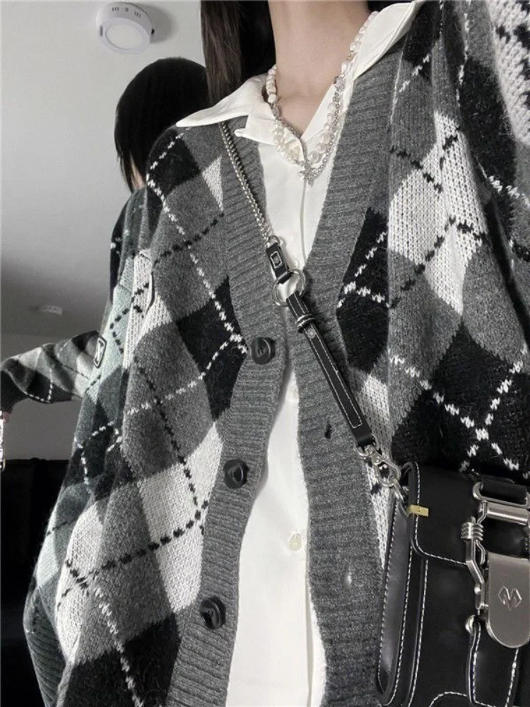 

Harajuku Vintage Oversize Button Korean Fashion Argyle Sweater Cardigan Women Up Knitted Jumper Female Preppy Jackets