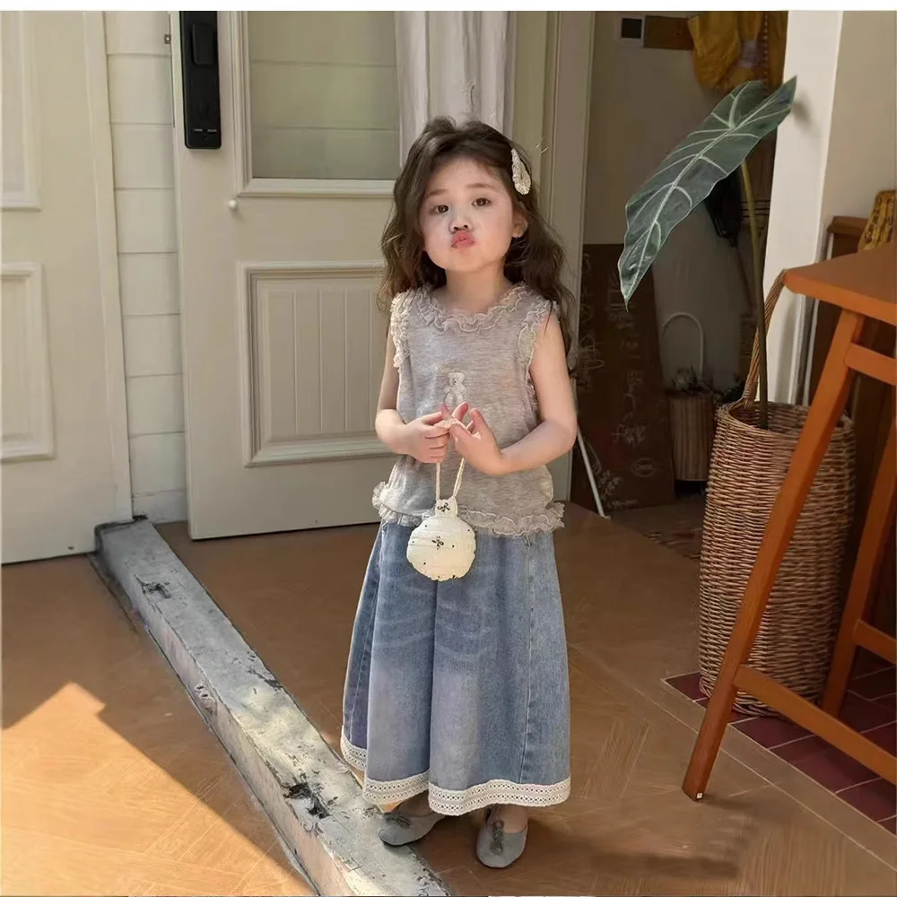 

2025 Spring and Summer New Bear Lace Vest Denim Wide-leg Pants