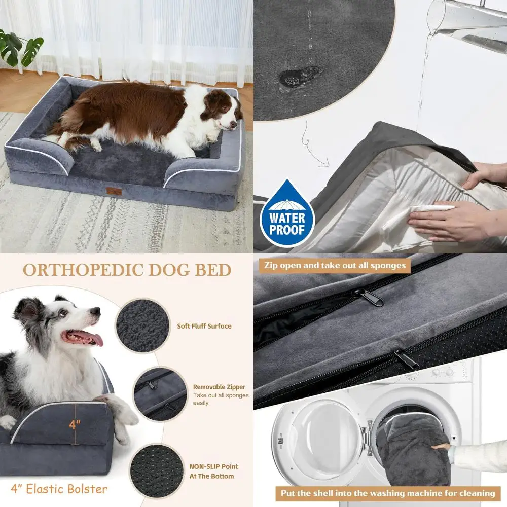 

Large Dog Orthopedic Bed, 38x25 Waterproof Foam with Removable Bolster, Washable Cover, Non-Slip Base, Dark Grey