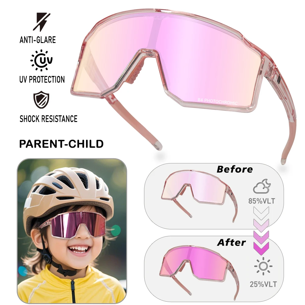 

BOLLFO Photochromic Polarized Kids Sports Sunglasses Parent-Child Outfits UV400 Kids Cycling Glasses for Age 9-15 Antiparras