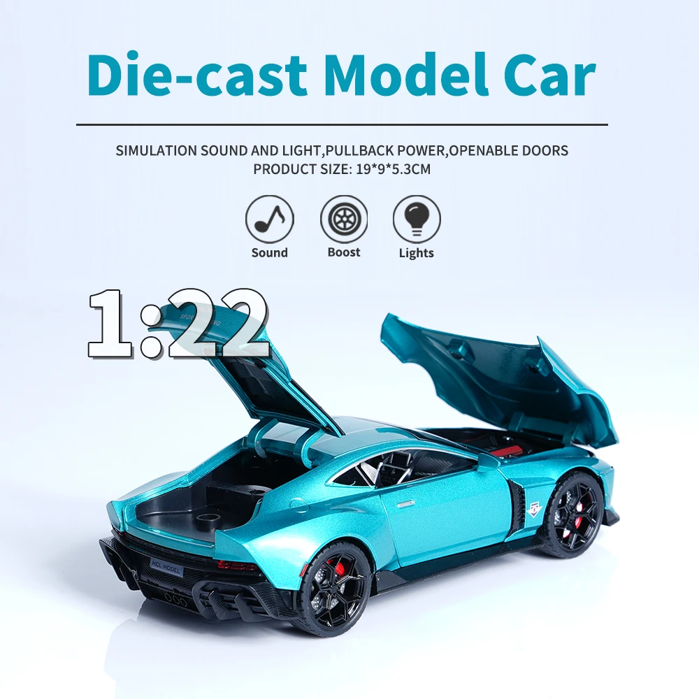 1:22 Scale Blue Alloy Car Model Toy (Batteries Sold Separately), with Pull-Back Action and Sound and Light Effects, 4 Doors Openable, Suitable for Car Enthusiasts to Play with | Collection | Display, for Home Use | Desktop | Party Decorations, Boy | Ideal Birthday Gift for Men, Best Gift Choice for Holidays (Christmas, Halloween)