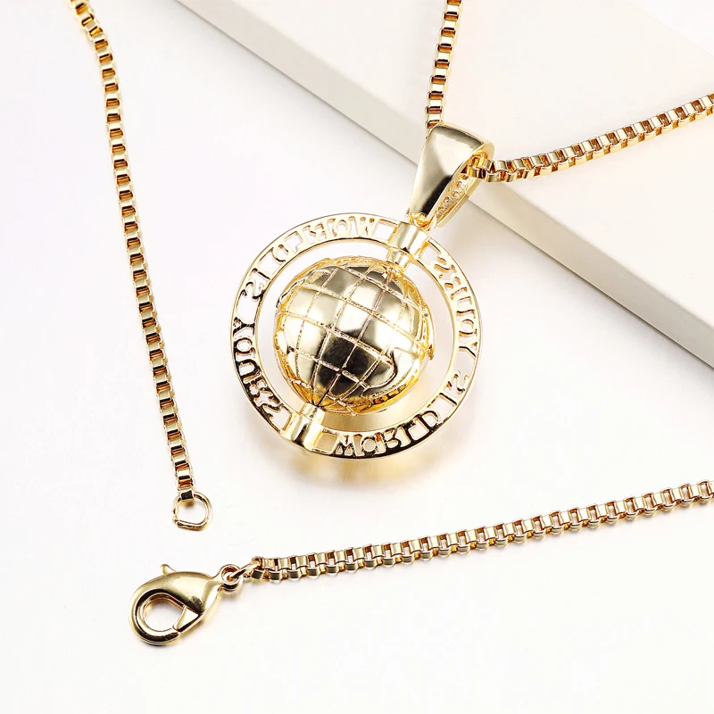 VANAXIN Vintage Globe Earth Tellurion Pendant Necklace 14k Gold Plated Cubic Zircon Hip Hop Chain Gold Color Gift for Women Men