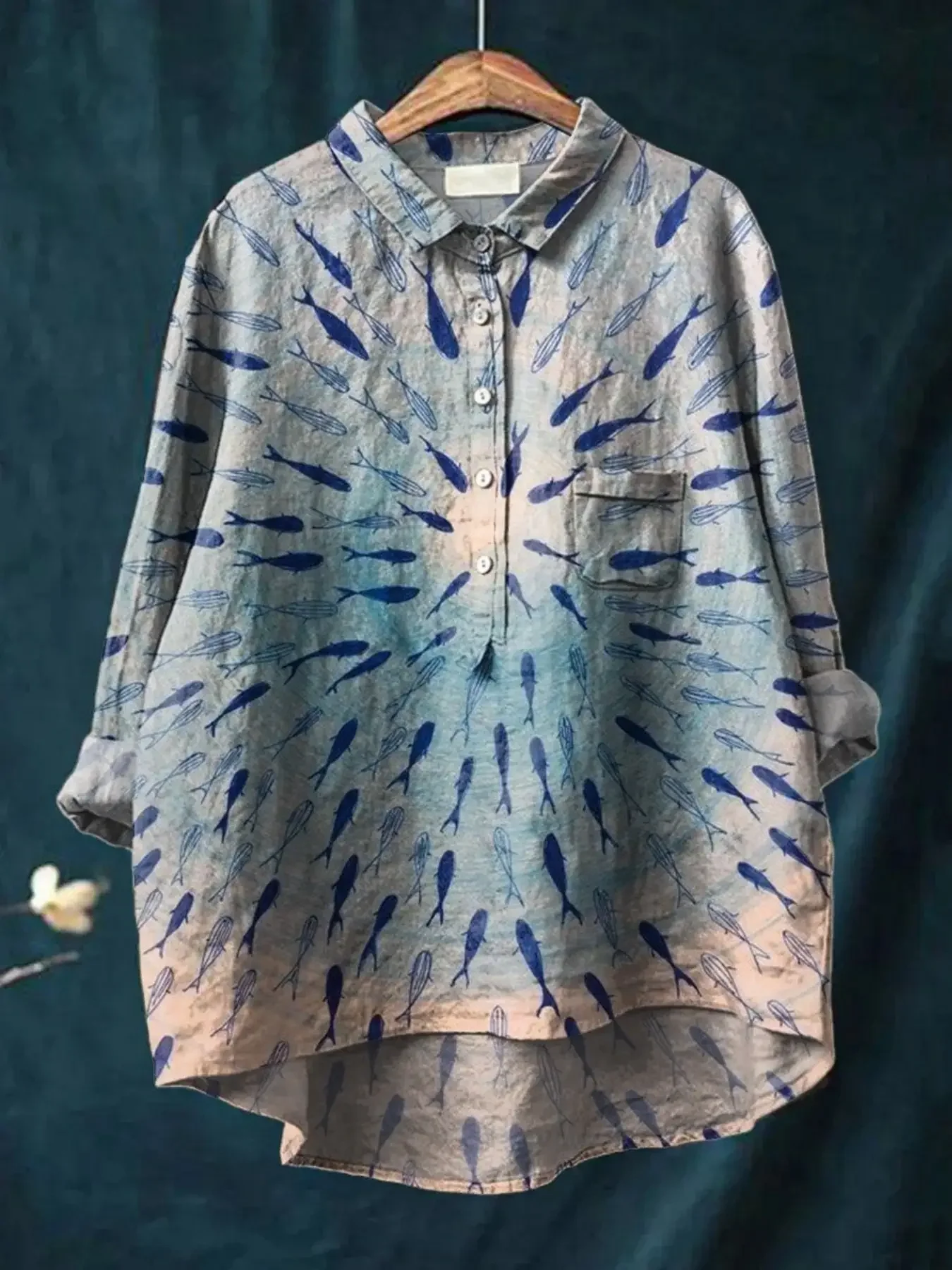 

New women's casual loose fit floral printed button up shirt - Deep Sea Little Blue Fish Pattern Shirt