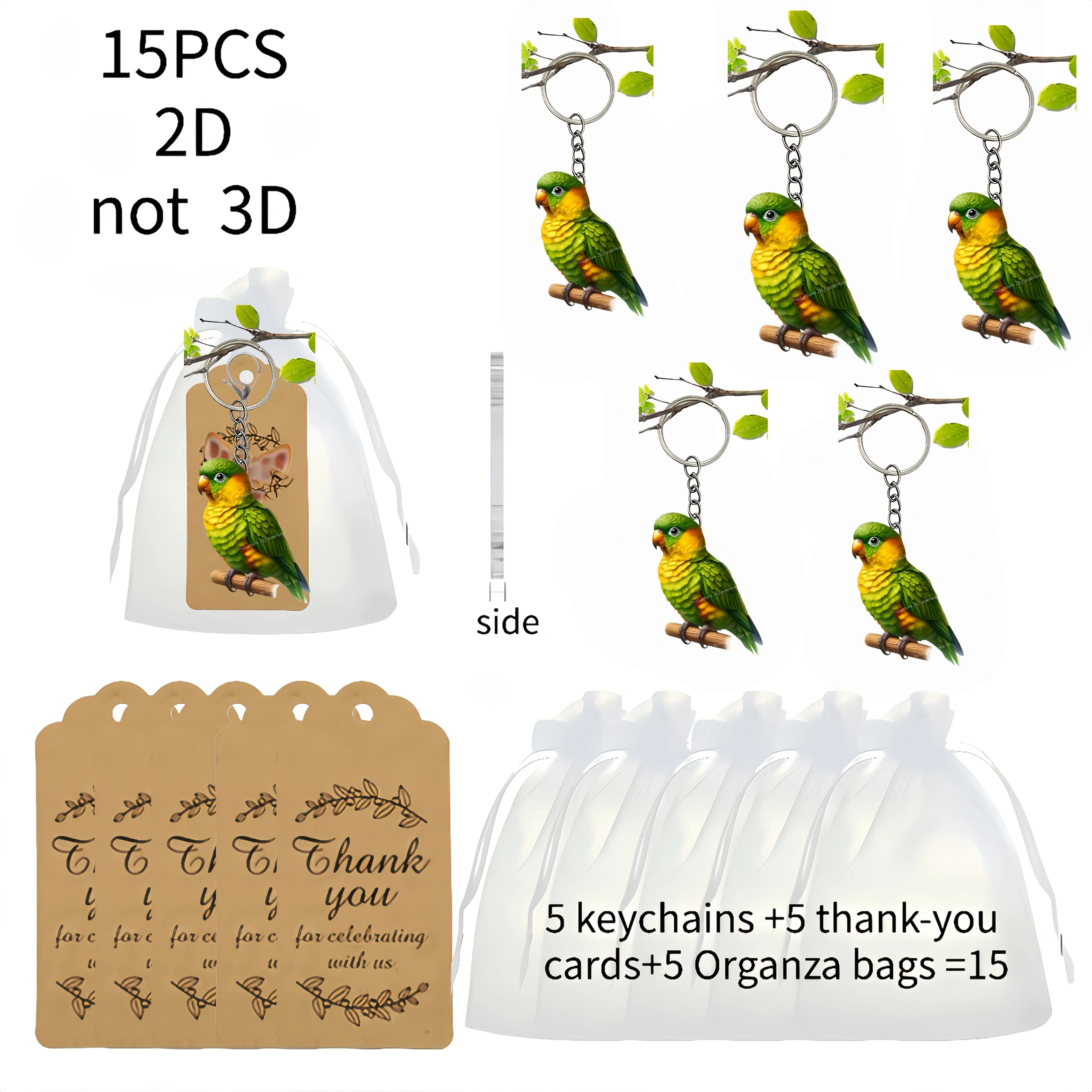 5Sets Lively Parrots Keychains Include 2D Acrylic Pendants & Thank You Cards & Organza Bags Valentine'S Day Gifts Holiday Decor