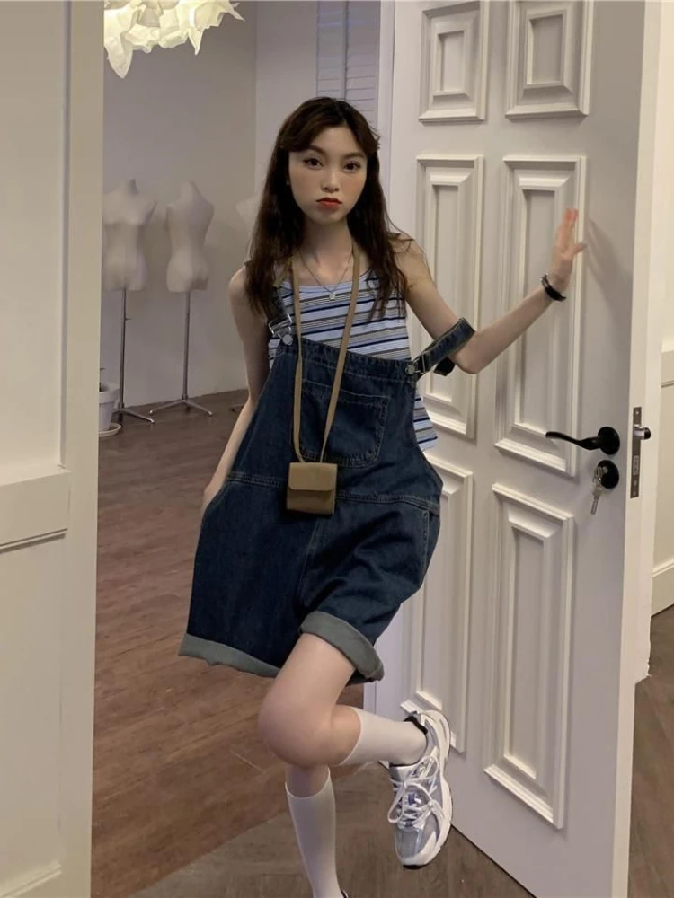 Denim Rompers Women Vintage Solid Big Pockets Loose All-match Casual Students Streetwear Korean Style Design Summer Daily Chic