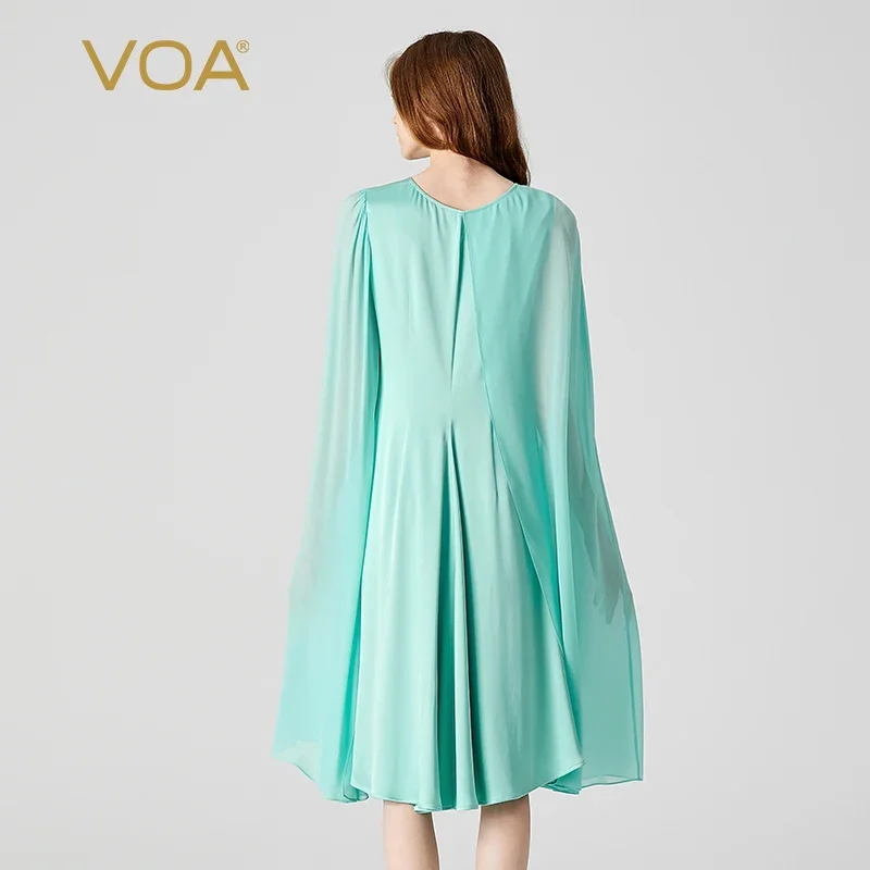 VOA 100% الحرير الخالص على الوجهين الساتان الزمرد س الرقبة المرقعة جورجيت كم طويل تصميم غير متماثل فستان الحفلات الربيع AE1926