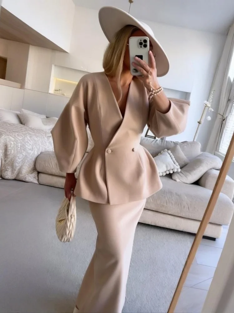 

Wmstar Two Piece Set Wholesale 2025 Autumn New European American Foreign Trade Fashion Solid Color Button Puffed Sleeve Skirt