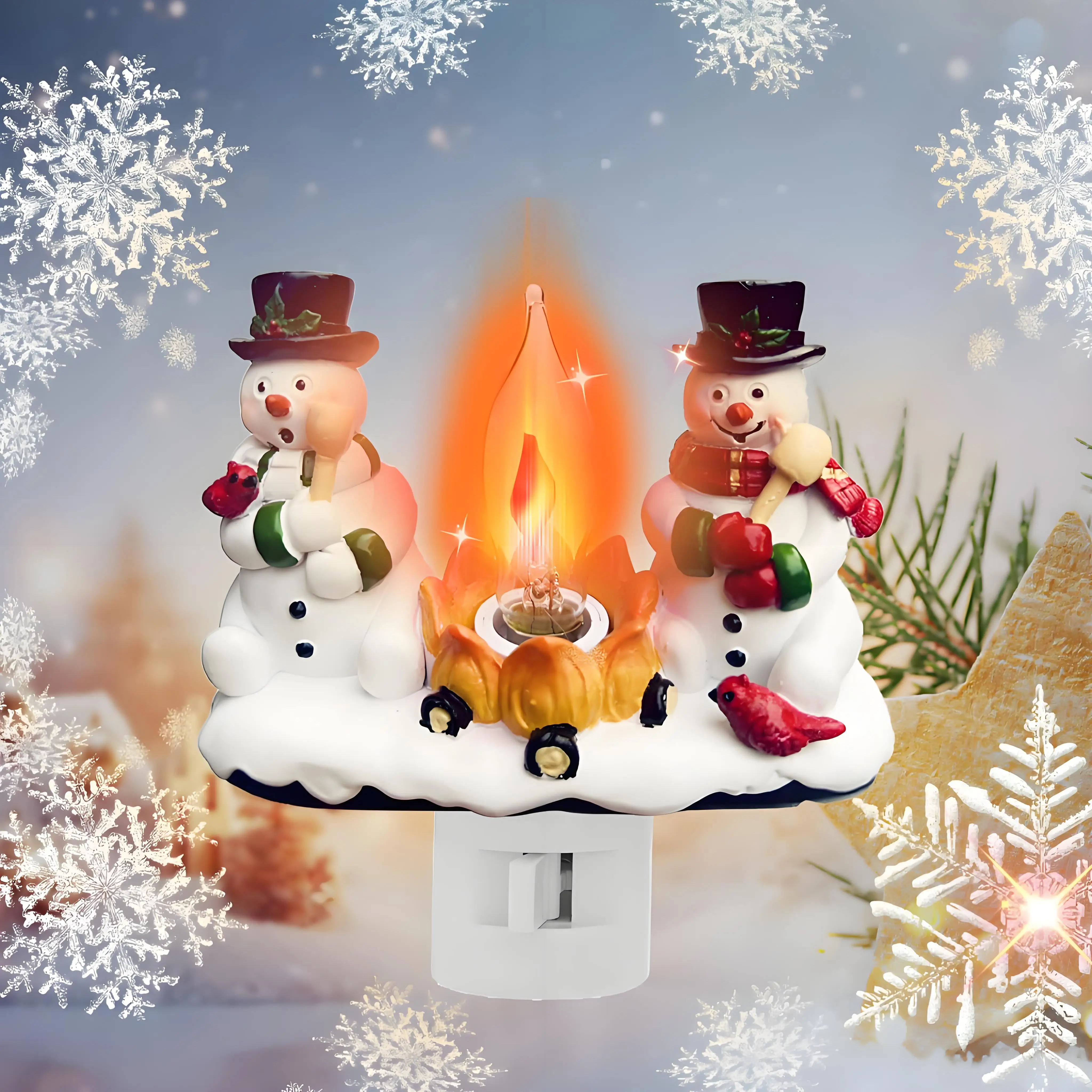 Rotating Snowman Night Light with Flame Effect, 4-inch Resin Plug-in for Cozy Christmas Decor - Bedroom & Living Room Ambiance
