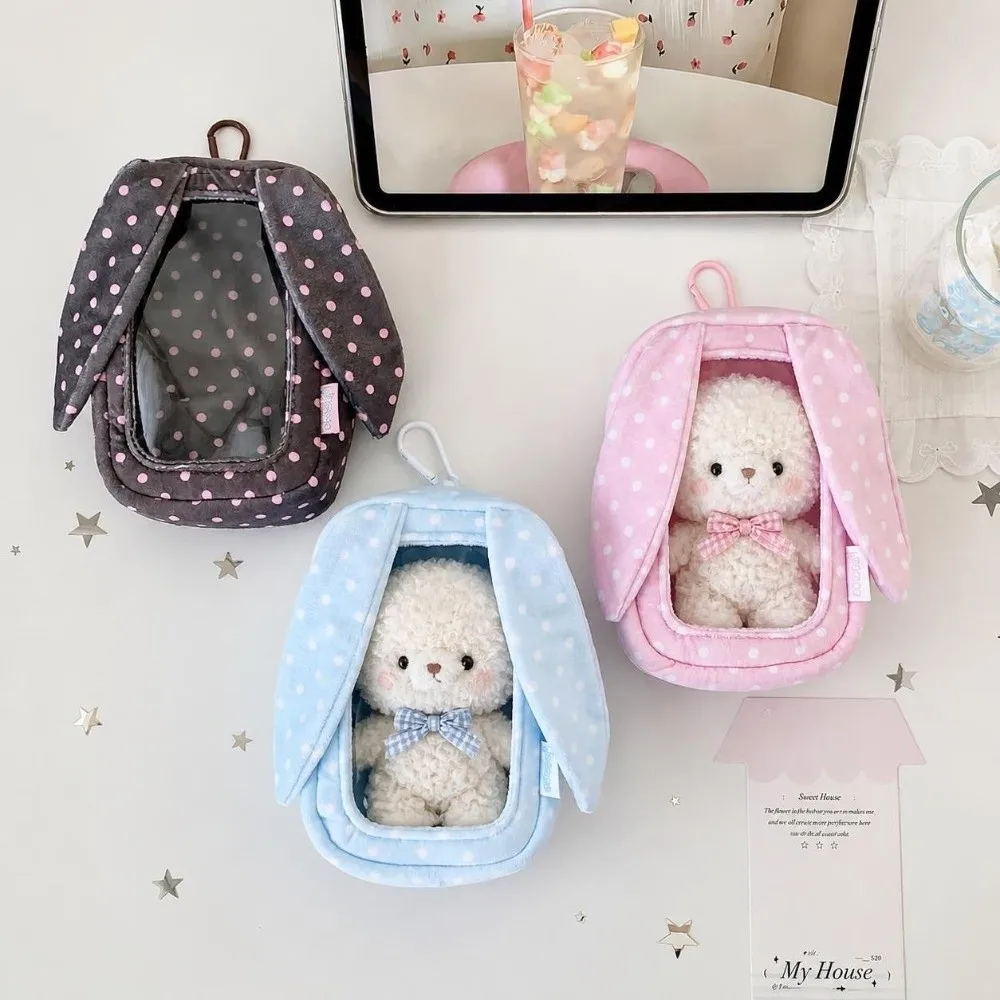 Polka Dot Doll Carrying Bag 3D Stereo Shape Transparent Shell Doll Storage Pouch Bunny Ear Design 15Cm Doll Tote Pouch