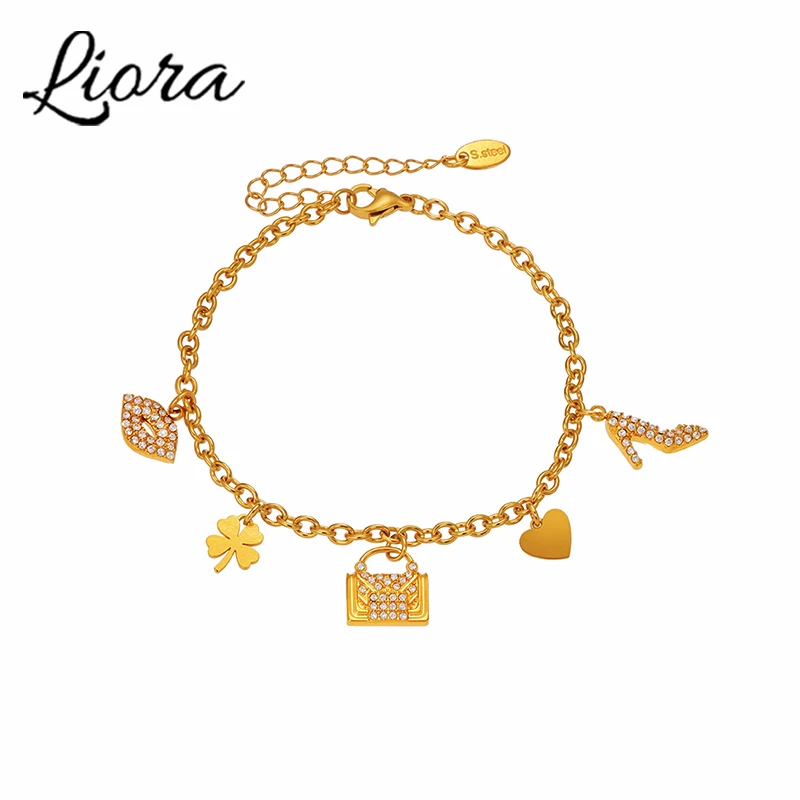 

Liora Sexy Lips Bag High Heels Zircon Pendant Stainless Steel Chain Necklace Bracelet for Women Charm Wedding Banquet Jewelry