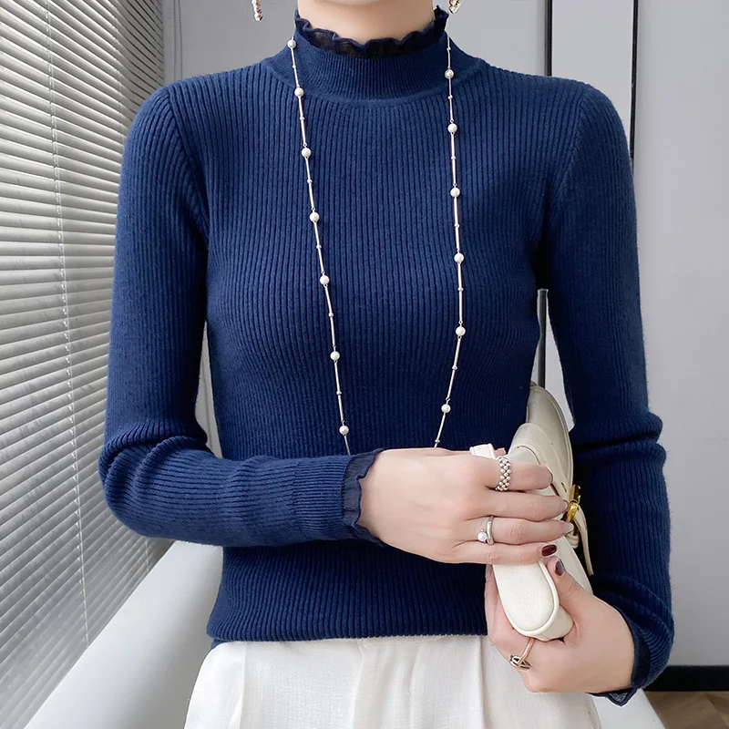 Autumn Winter Mock Neck Cashmere Sweater Women Solid Knitted Casual Slim Pullover Fashion Cashmere Simple Chic Jumpers