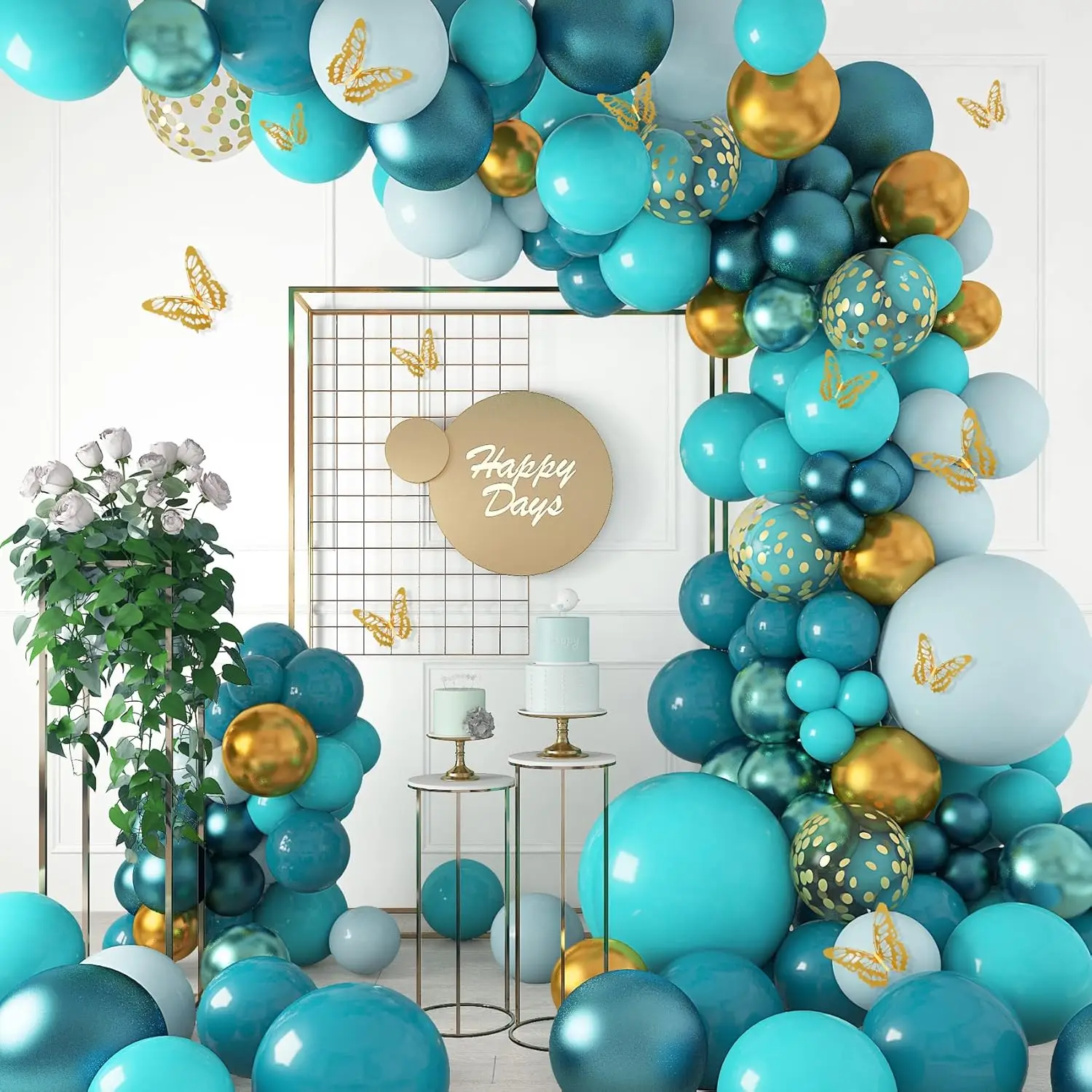 Türkisblaue Ballongirlande Bogen-Set Blaue Türkis Goldene Ballons Schmetterlinge für Geburtstag Hochzeit Brautparty Babyparty Dekorationen