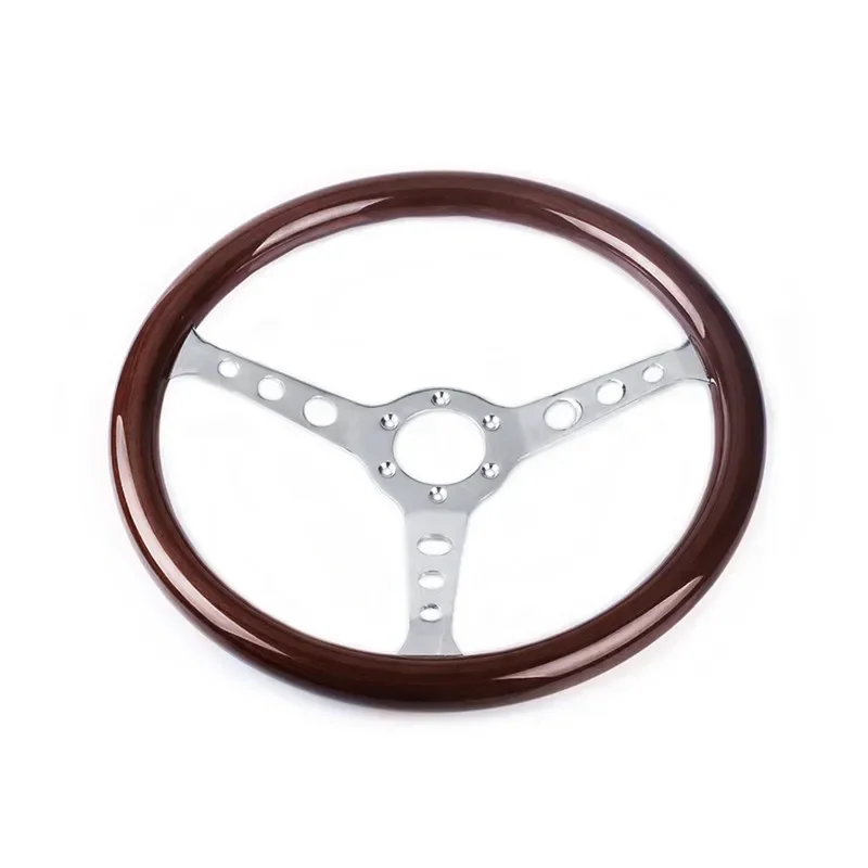 

XuZhong Universal 15inch 380mm Classic Sport Wooden Grain Silver Brushed Spoke Chrome Steering Wheel With Horn Button