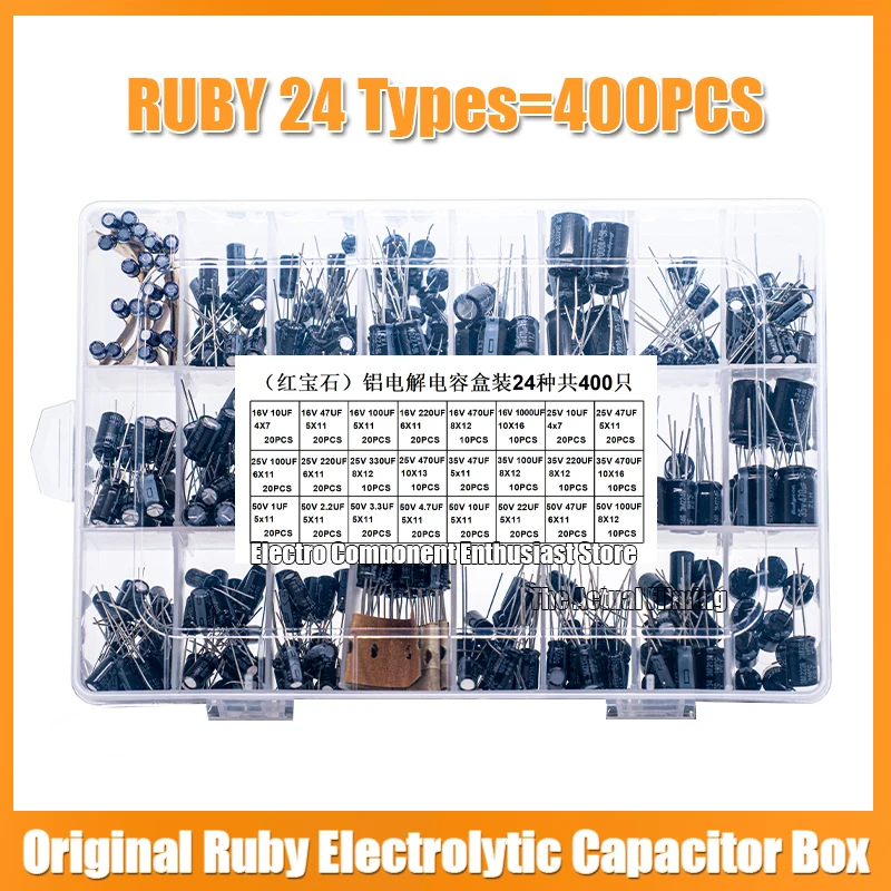 

400PCS 24 Kinds Of Imported Ruby Electrolytic Capacitor Set 1UF-1000UF Sample Box Commonly Used For Maintenance