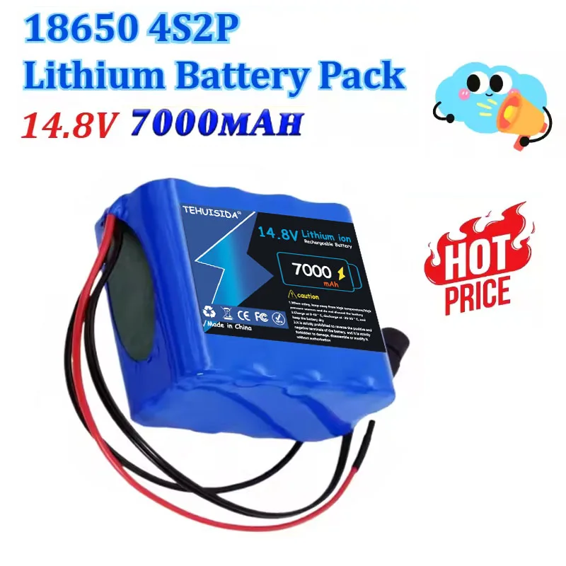 14.8V 7000mAh 4S2P 18650 Lithium Battery, Newly Upgraded, Built-in BMS Protection Panel, Rechargeable Battery