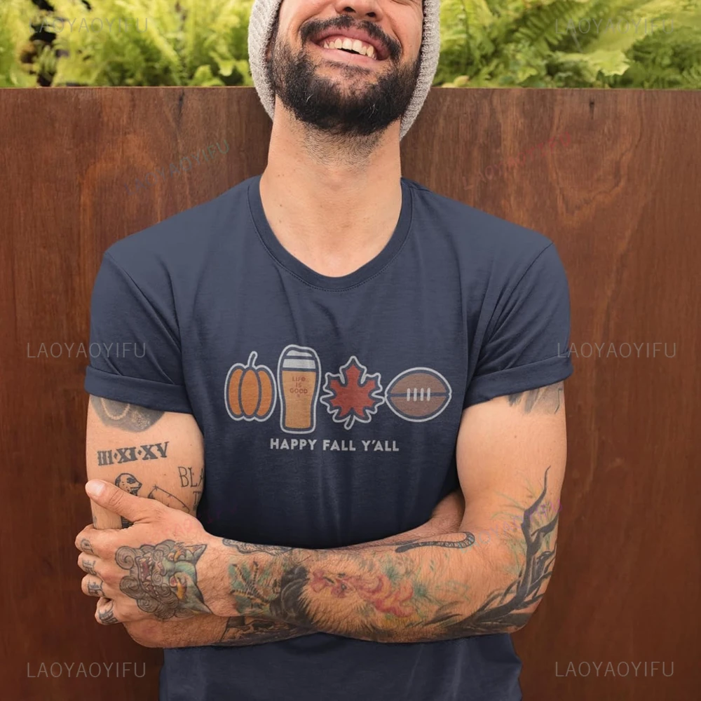 

Happy Autumn Pumpkin Beer Maple Leaf Football Man Thanksgiving Day Graphic T Shirts Woman Summer High Quality Cotton T-shirt