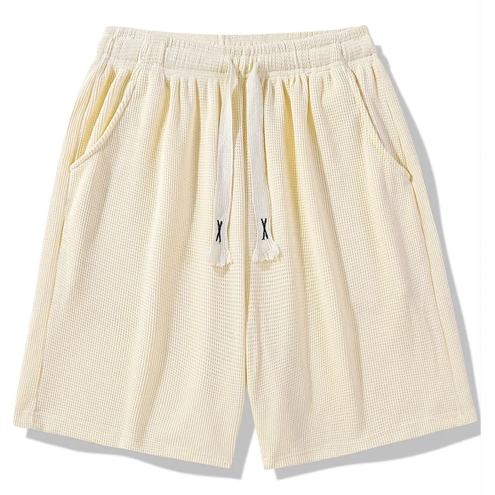 Men Waffle Korean Drawstring Sports Shorts Thin Five Quarter All-match Pants