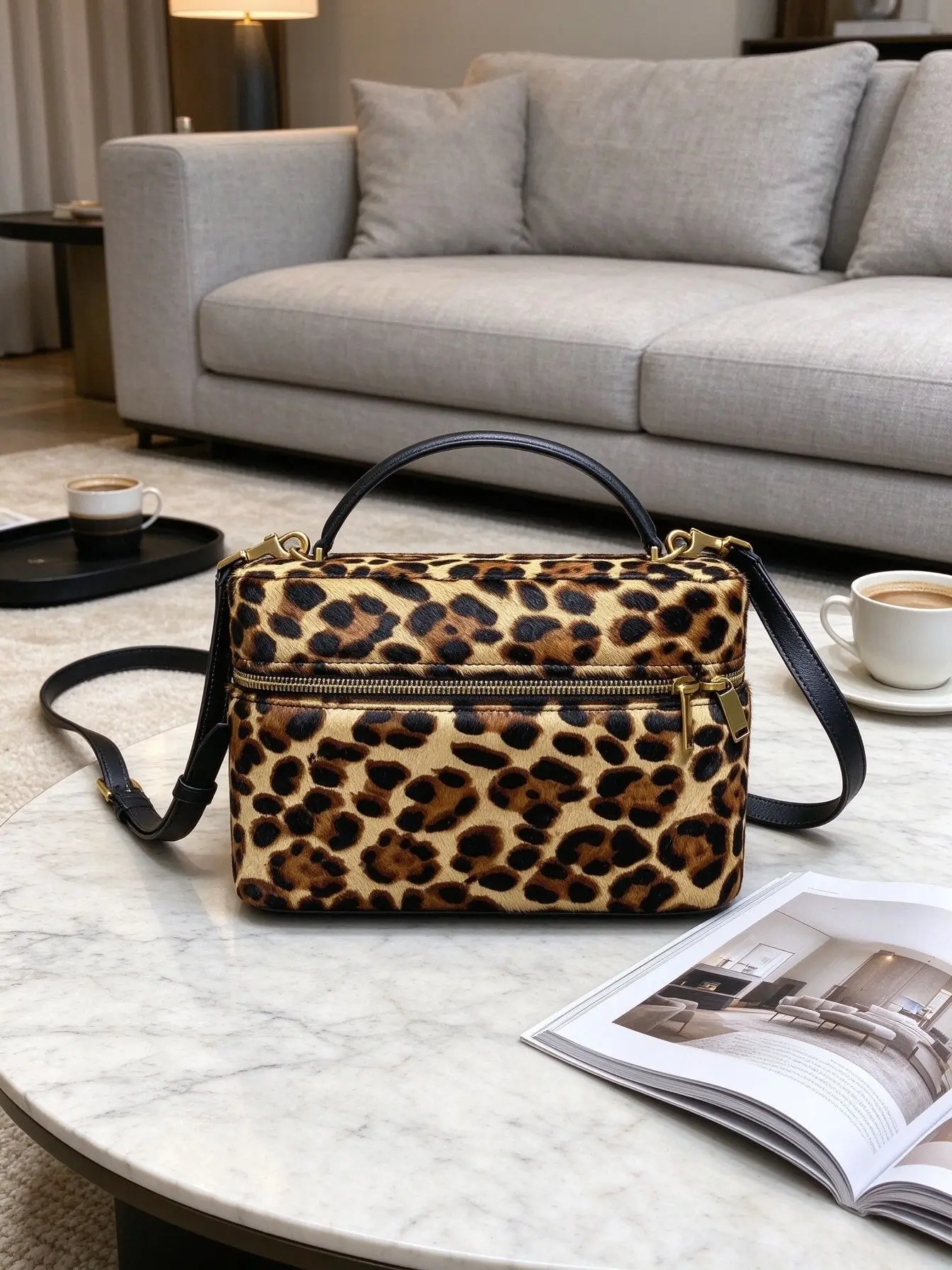 Unisex Leopard Print Faux Pony Hair Box Handbag Faux Leather Top Handle Detachable Shoulder Strap Multi Zipper Crossbody Bag