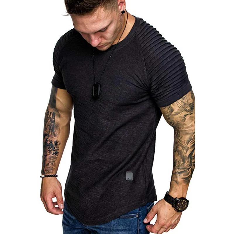 New summer crew-neck slim-fit pleated casual short-sleeved youth fashion base shirt men\'s sports shoulder sleeve top