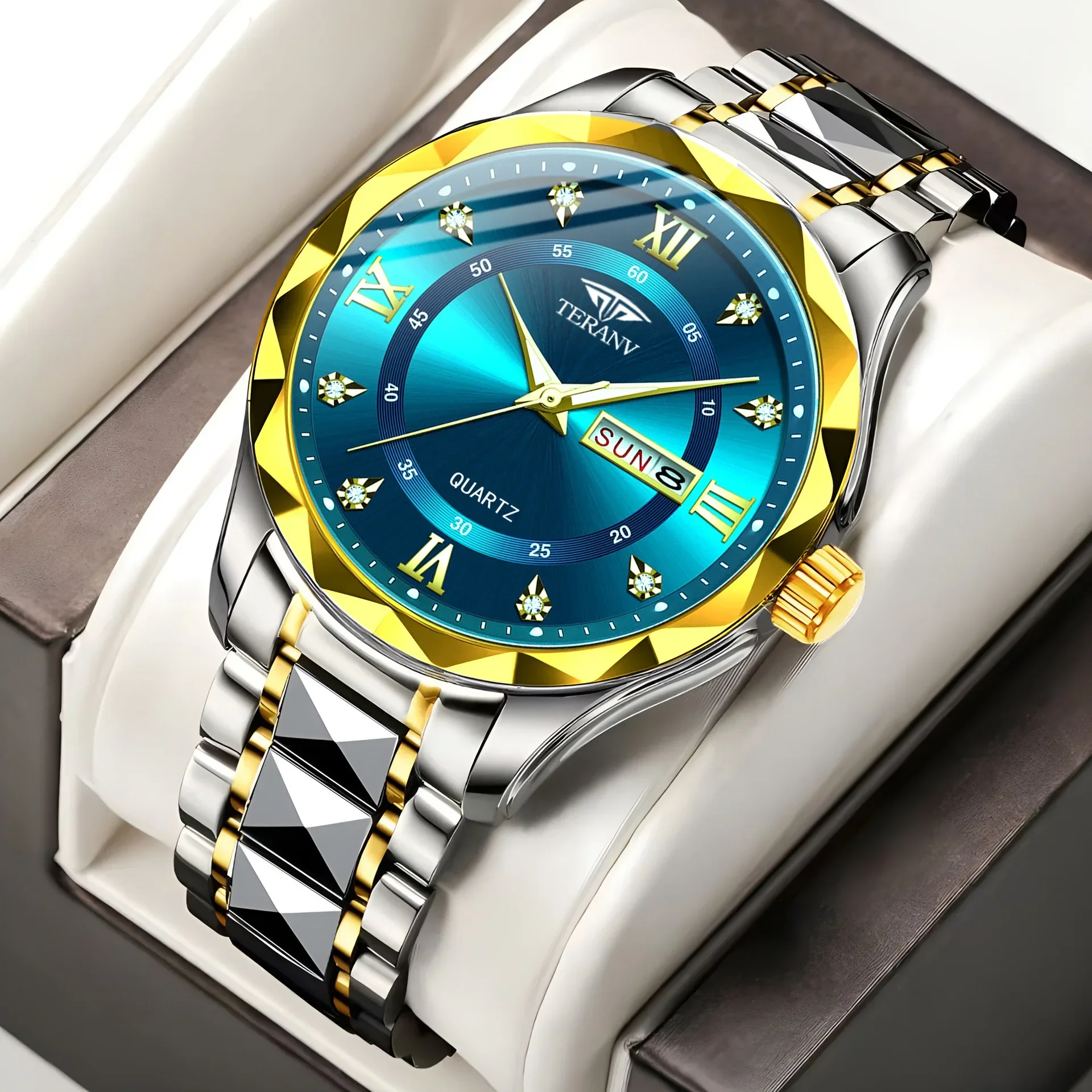 Fashion Watch Men's Calendar Diamond Case Luminous Waterproof Simple Quartz Watch Solid Strap Suitable for Men