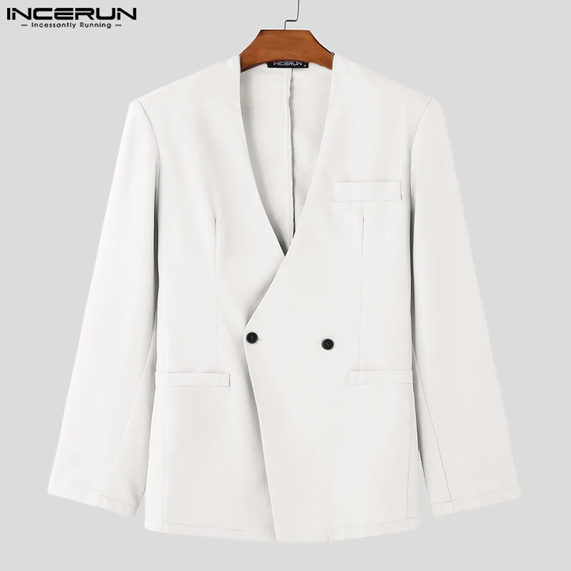 Men Sexy Solid Color Tops INCERUN Casual Long Sleeve Blazer Bottun Pocket Elegant Suits 2024 Korean Fashion V-neck Coats S-5XL