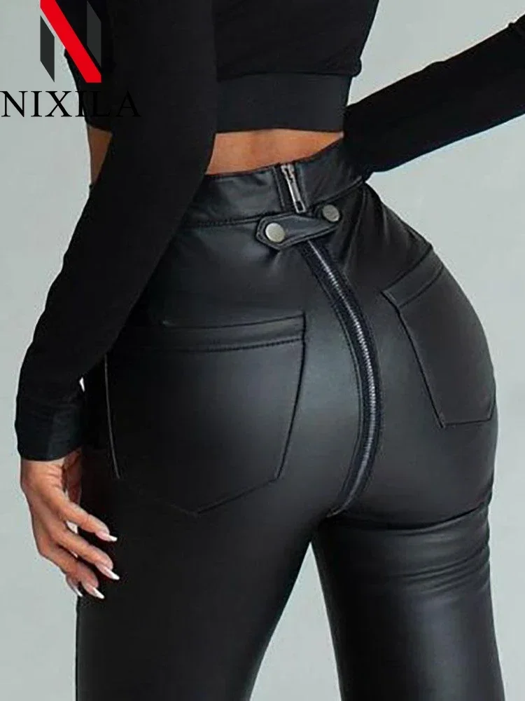 Winter Autumn Sexy Women PU Pants Black Fitness Slim High Waist Pencil Pants Zipper Streetwear Faux Leather Trousers for Women