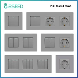BSEED Button Light Switch 1/2/3Gang 1Way Wall Light Switch Plus Wall Power Socket Gray Plastic Frame Switch On Off