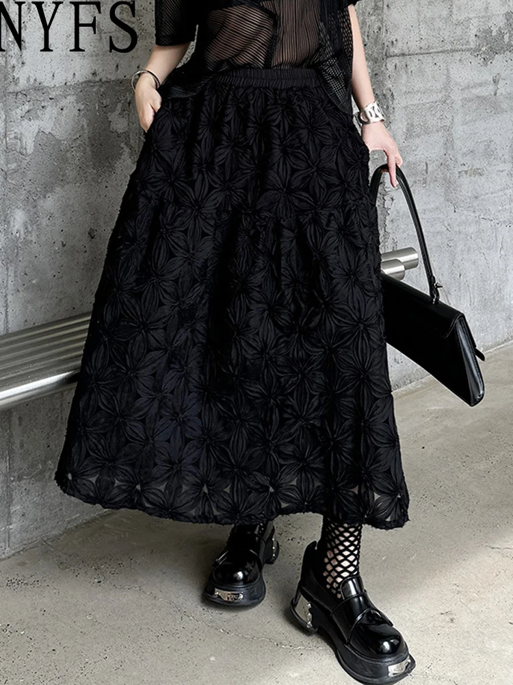 NYFS 2024 Summer New Korea Woman Skirts Female A-line Skirt Elastic Waist Solid Three-Dimensional Woven Flowers Long Skirt