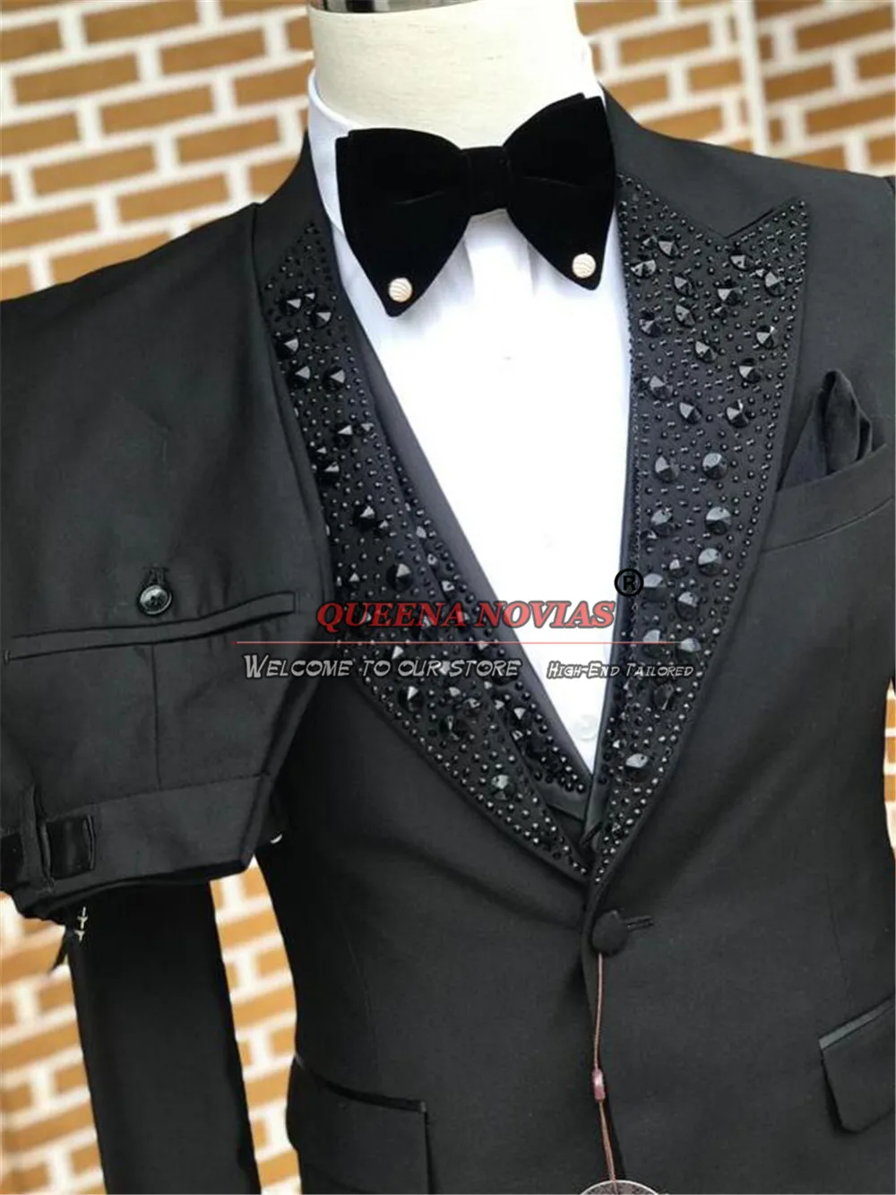 Black Groom Wear Men's Suits Bespoke Stone Beaded Lapel Prom Blazers Man Fashion Wedding Tuxedos Formal Party Business Clothing